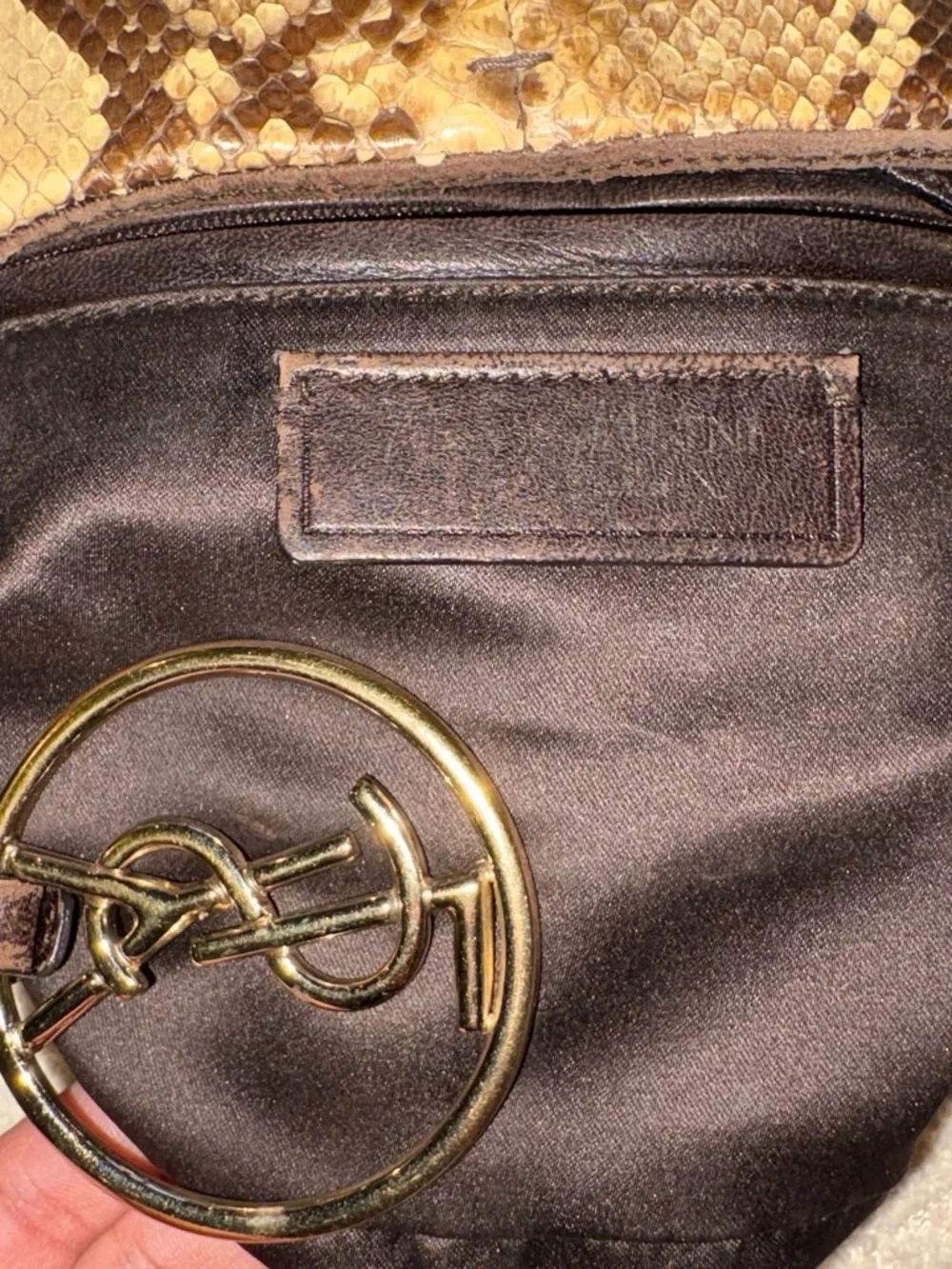 Yves Saint Laurent Brown and Tan Snake-Print Hobo with Gold Rings
